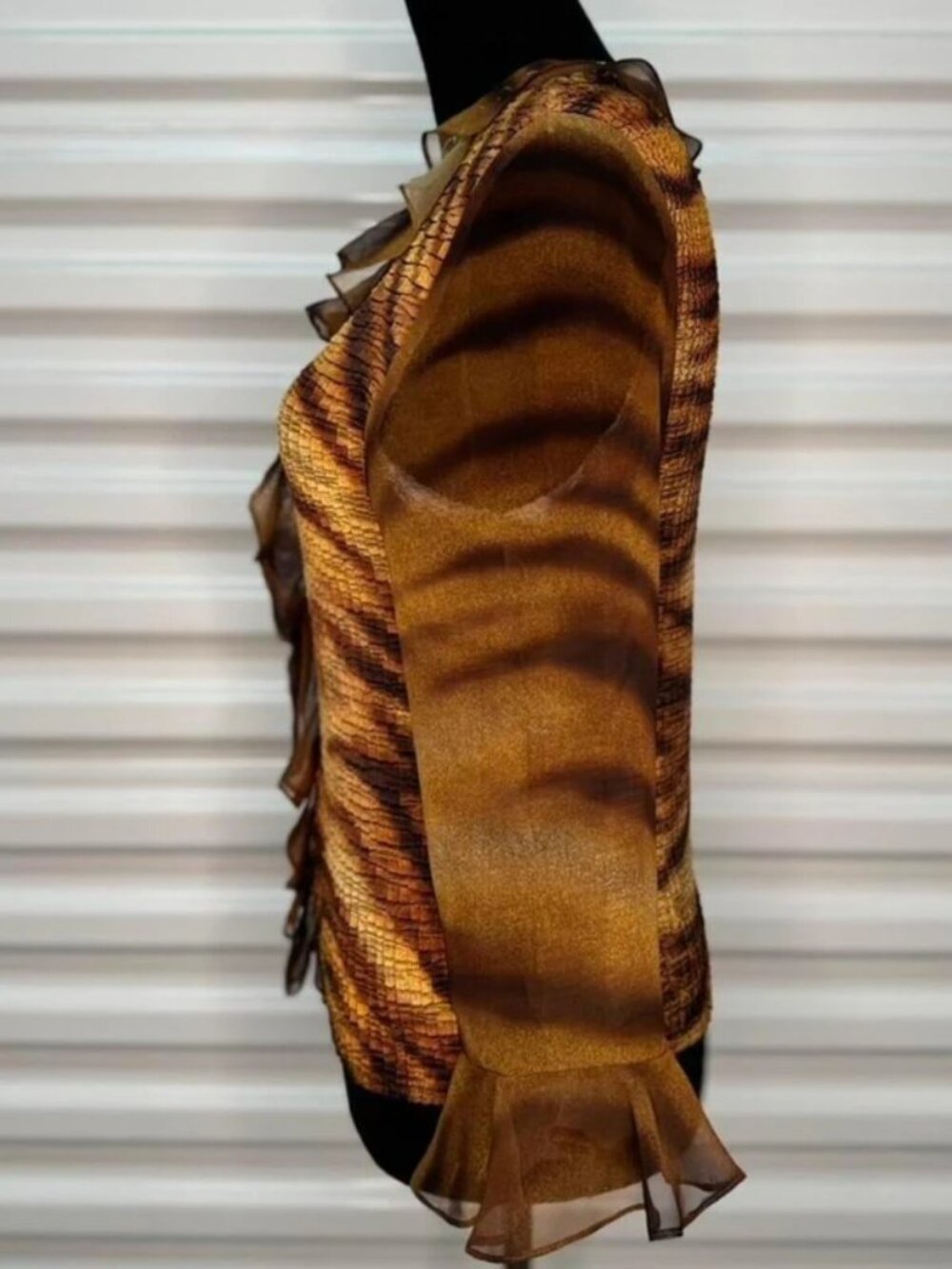 Vintage 90s tiger print ruffle blouse with sheer sleeves - Picture 3 of 5